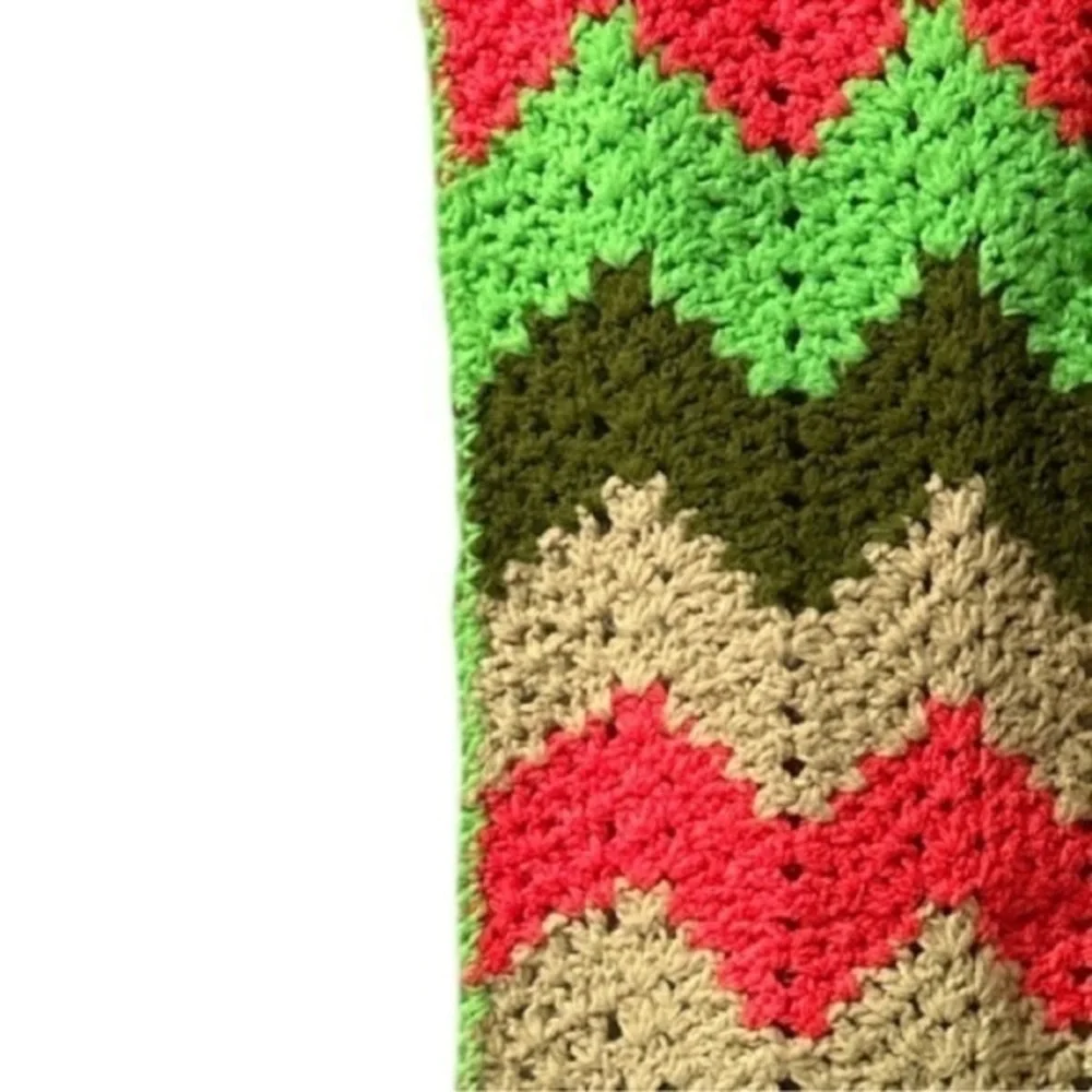 Retro Multi-Color Greens Pinks & Red Zig Zag Afghan Blanket Throw Crochet Afghan